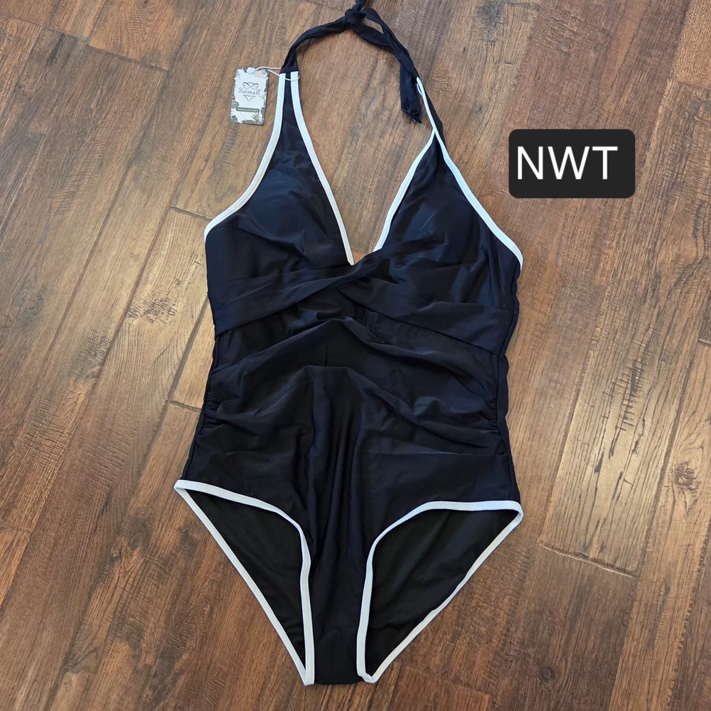 Swimall One Piece Swimsuit Black with White Trim Womens XL